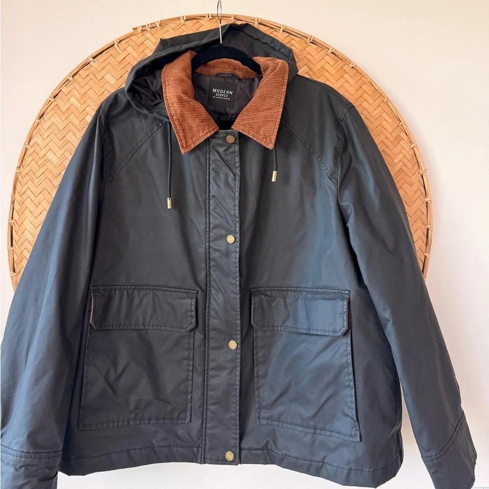 MODERN SUPPLY BY SANCTUARY HOODED WAXED JACKET BARN CHORE COAT CORDUROY‎ COLLAR - Picture 9 of 16